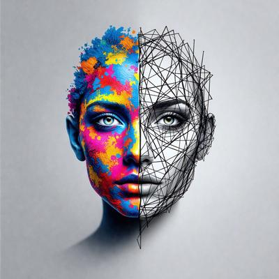 The primary subject of the image is a woman with a colorful, artistic face. She has a blue and pink face with a yellow and green head. The setting is a gray background, which contrasts with the vibrant colors of the woman's face. The visual style is a digital art or illustration, as the colors and patterns are intricately detailed. The overall atmosphere is lively and creative, as the woman's face is a unique and eye-catching artistic expression.